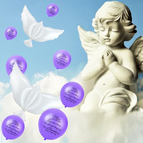Image of Skylety 36 Pcs Memorial Balloons to Release with Dove Balloon, Purple | Helium, Remembrance for Heavenly Birthday, Memorial Services, Release in Sky Ceremony, Forever in Hearts Messages