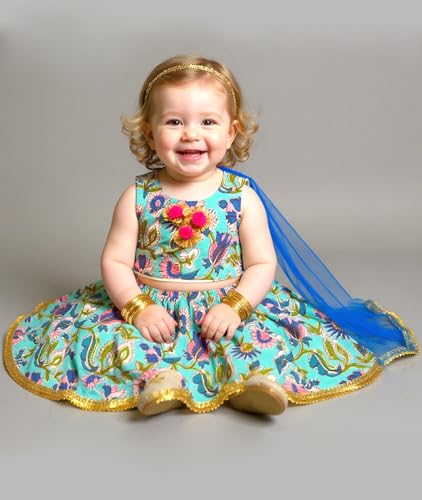 Image of A.T.U.N. (ALL THINGS UBER NICE) Baby Girls Cotton Ethnic Floral Lehenga Choli Set with Lace & Dupatta | Traditional 3-Piece Festive Outfit for Kids