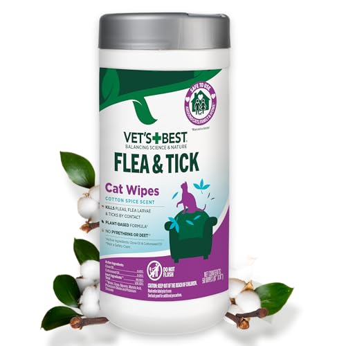 Vets Best Flea and Tick Wipes for Cats Plant-Based Wipes for Flea and Tick Prevention Also Fights Against Mosquitos Eggs Certified Essential Oils Pest Control Pets and Home Use 50 Count