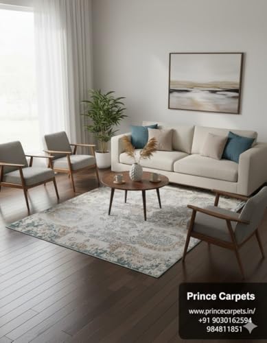Image of 8x11 Feet (240x340 CM) Carpet for Living Room Hall & Drawing Room - Ivory Multi Modern Abstract Geometric Silk-Touch Luxury Hotel-Style Washable Anti-Skid Turkish Area Rug