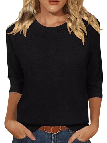 KISSMODA Tunic Tops for Women Loose Fit Dressy Round Neck Pleated 3/4 Length Sleeve Spring Tops