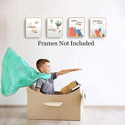 Adventure Awaits Wall Art,Inspirational Explore Famous Quotes Art Printing，Cute Cartoon Inspirational Sayings Canvas Wall Art，Perfect Nursery Kids Room Decor Set Of 4 (8”X 10”), No Frame #TOP1