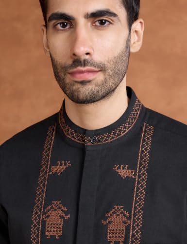 Image of Amazon Brand - Symbol Men's Cotton Blended Full Sleeve Kurta| Regular Fit | Ethnic Motif Embroidery Mandrin Collar| Front Full Open | Available in Plus Sizes