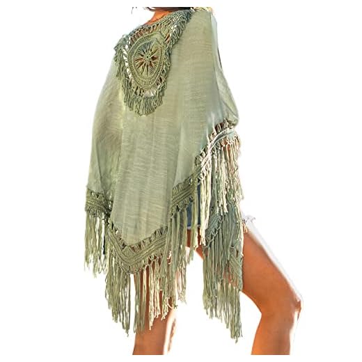 CUPSHE Women Boho Fringe Open-Front Cover-Up Kimono Long Sleeves Sexy Beach Cover Up Casual Summer Green
