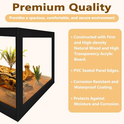 Image of PROLEE Bearded Dragon Tank 81 Gallon, 48 x 20 x 20 Inch Wooden Reptile Enclosure with Metal Mesh Top, Clear Acrylic Sliding Doors and Lock, Large Lizard and Snake Tank, Black