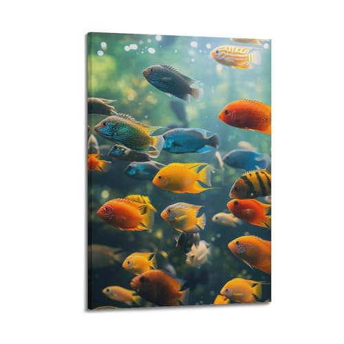 Poster poisson fond de la mer 60x90cm contre les murs vides