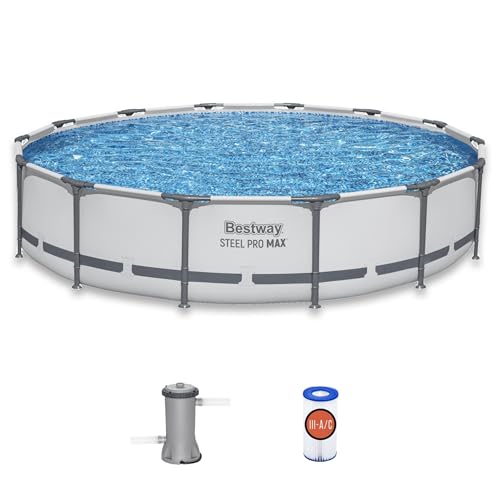 Bestway Steel Pro MAX 14' x 33" Round Above Ground Swimming Pool Set, 530 GPH Filter Pump, Tritech Puncture Resistant Liner, ClickConnect Steel Frame, Gray