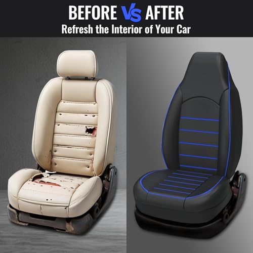 Autoyouth Universal Front Car Seat Covers (Pair) - Waterproof Faux Leather Upholstery Protectors, Airbag Compatible - Fit For Most Hatchbacks, Saloons, Suvs & Vans, Blue/Black - 3