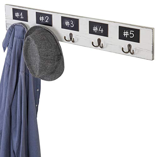 MyGift 10-Hook Vintage White Wall-Mounted Wood Coat Rack with Chalkboard Labels