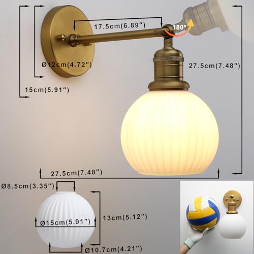 Image of Yosoan Boho Aged Brass Gold Vanity Bathroom Wall Sconce with Milk Shade, 1-Light Indoor Hardwired Wall Mounted Vintage Industrial Lights with Ribbed Round Glass Lamp for Mirror Living Room(Antique)