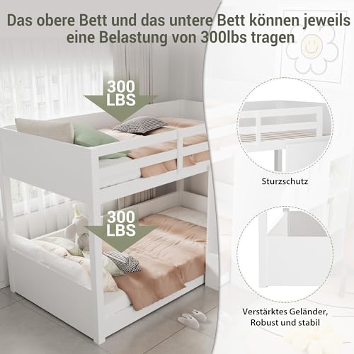 Dolamaní Hochbett Etagenbett 2 Kinder 90x200 cm mit Treppe, Kinderbett Mit & Schließfächern & Rausfallschutz, Kinderzimmer kinderhochbett, Stockbett für Mädchen Junge, Weiß