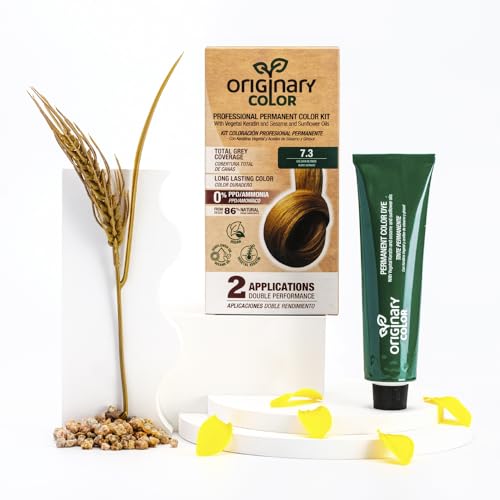 Originary Color - Kit de Coloración Profesional Permanente, Color 7-3 Rubio Medio Dorado 100 ml + Crema Oxidante 100 ml + Champú 30 ml | Fórmula sin amoniaco y sin PPD.