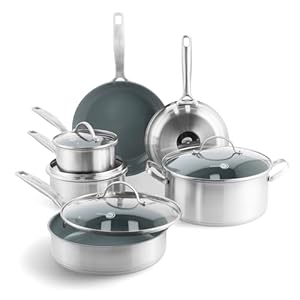 GreenPan Treviso Stainless Steel Healthy Ceramic Nonstick, 10 Piece Cookware Pots and Pans Set, PFAS-Free, Clad, Induction, Dishwasher Safe, Silver