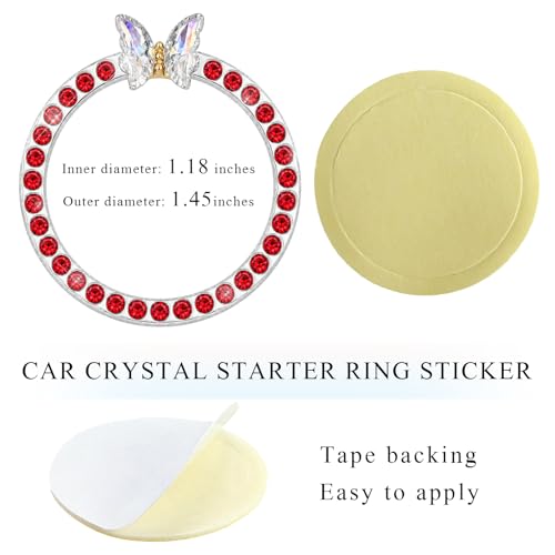 Image of DXNQ 2PCS Bling Ring Emblem, Sparkling Butterfly Car Buttons and Knobs Ring, Girly Butterfly Diamond Car Engine Start Button Cover, Key Ignition Knob Rings Decoration for Women (Red, Single Row)