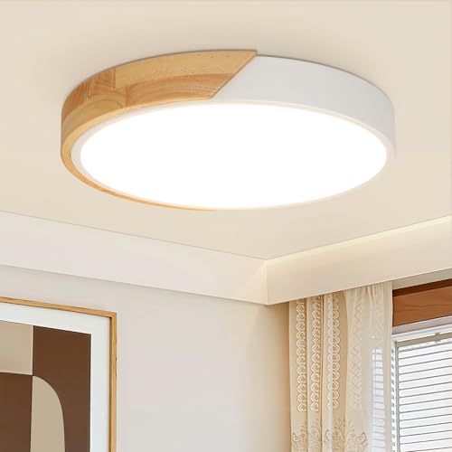 Kimjo 30cm Luminaire Plafonnier LED Lampe Plafond, 24W Moderne Plafonnier Chambre en Bois Blanc, 4500K, 2400LM Lampe de Plafond Ronde pour Bureaux, Salons,...