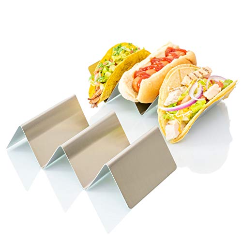 Lowest Price Taco Holder Stand Rack, Stainless Steel 4-Pack, Mexican Food Serving Tray. Stands Hold Up To 3 Tacos, Burritos, Hot Dog, And More!. Grill And Oven Use Safe, Dishwasher Safe For Easy Cleaning, 4” x 8"