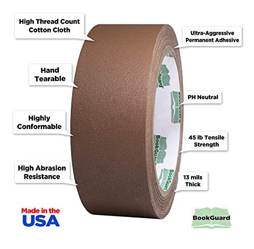 BookGuard 1-1/2 Inch Vinyl-Coated Cotton Cloth Bookbinding Repair Tape, 15 Yard Roll, Light Brown