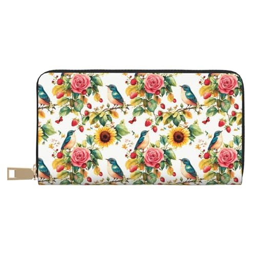 Leather Thin Slim Wallets for Women Men - Fashion Sunflowers and Birds Print Card Wallet Holder with Zipper