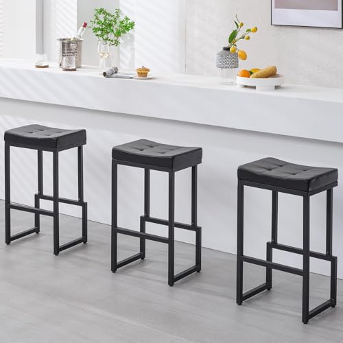Image of FIRAVOE 28 inch Bar Stools Set of 3, PU Leather Backless Saddle Bar Stools