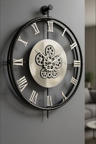 FUNTLY Large Moving Gear Wall Clock – Luxury Metal Ring Roman Numeral Silent Decorative Clock for Living Room Bedroom Office, Modern Industrial Open Face Design (Black - Silver)