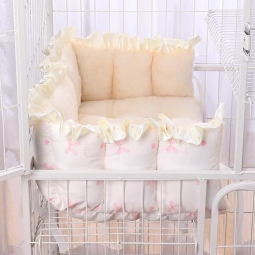 MilkywayGiftペットマットケージロープ付きペットベッド落下しない四隅ストラップぬいぐるみ暖かく柔らかいかわいいレース装飾洗えるソフトソフトクッション猫タワーソファ多機能犬猫小動物寝具(ホワイト, (ピンクのリボン,M)