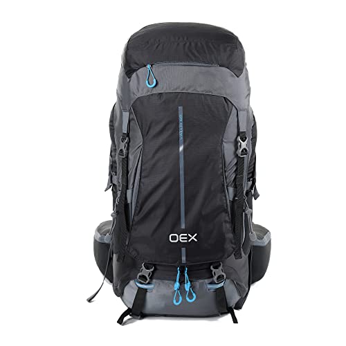OEX Vallo 60 Litre Rucksack with Intergrated Raincover & Fully Adjustable Harness System, 60L Backpack, Bag for Men & Women, Multiple Pockets, Camping, Hiking, Trekking, Travelling, Outdoors, Black
