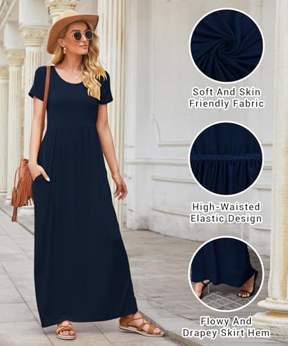 Image of EUOVMY Women's Short Sleeve Loose Plain Maxi Dresses Casual Vacation Long Dresses with Pockets