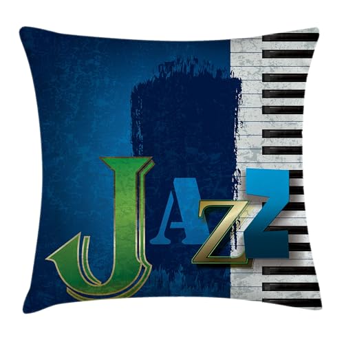 Ambesonne Jazz Music Throw Pillow Cushion Cover, Abstract Cracked Jazz Music Background with Piano Keys Music Themed Print, Decorative Square Accent Pillow Case, 16" X 16", Navy Green White