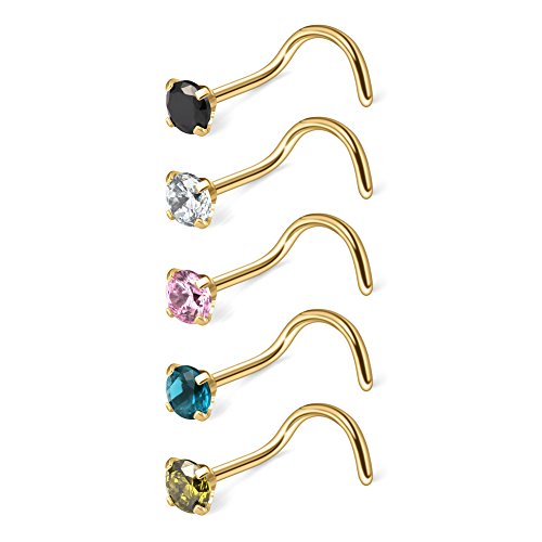 Ruifan 20G Surgical Steel Diamond Cubic Zirconia Crystal Nose Twist Screw Ring Piercing Jewelry