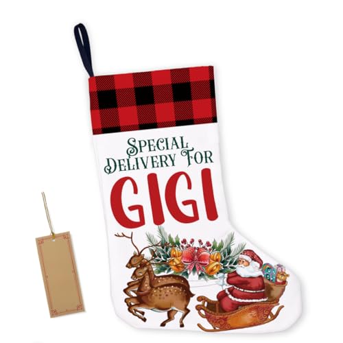 LyoGao Calza di Natale in iuta regalo per Gigi, Gigi calza di Natale, Nonna Bufalo Rosso Plaid Calzini di Natale Decorazione Babbo Natale con Cervo Gigi Calza di Natale per la casa Camino Decor