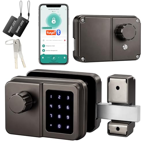 SEPOX Bluetooth Smart Gate Lock Outdoor Gate Lock for Fence & Garage Electronic Keyless IC Card Passcode & Mechanical Key Waterproof Rim Lock for Outdoor Garden Yard (Grey Single Screen)