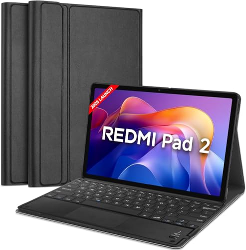 Image of HOM Tri-Fold Detachable Wireless Bluetooth Keyboard with Trackpad /Touchpad Tablet Cover Case for Xiaomi Redmi Pad 2 11-inch Tablet - Black
