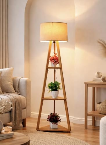 Image of viora Home Wooden Tripod Floor Lamp with 3 Shelves, Modern Standing Lamp with Fabric Shade, Decorative Shelf Floor Lamp for Living Room, Bedroom & Home Decor..