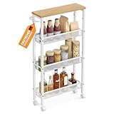 VASAGLE Rollwagen 4 Ebenen, Küchenwagen schmal, Nischenregal auf Rollen, Stahl, Griff, für kleine Räume, 13 x 45,4 x 77 cm, Küche, Bad, Wohnzimmer, Arbeitszimmer, eichenfarben-weiß LRC032W09