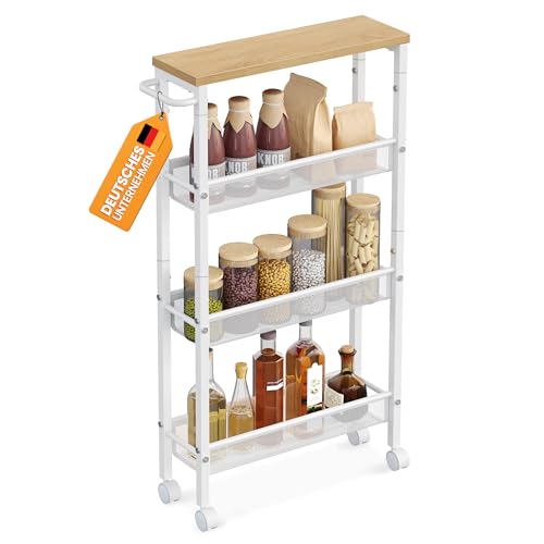 VASAGLE Rollwagen 4 Ebenen, Küchenwagen schmal, Nischenregal auf Rollen, Stahl, Griff, für kleine Räume, 13 x 45,4 x 77 cm, Küche, Bad, Wohnzimmer, Arbeitszimmer, eichenfarben-weiß LRC032W09