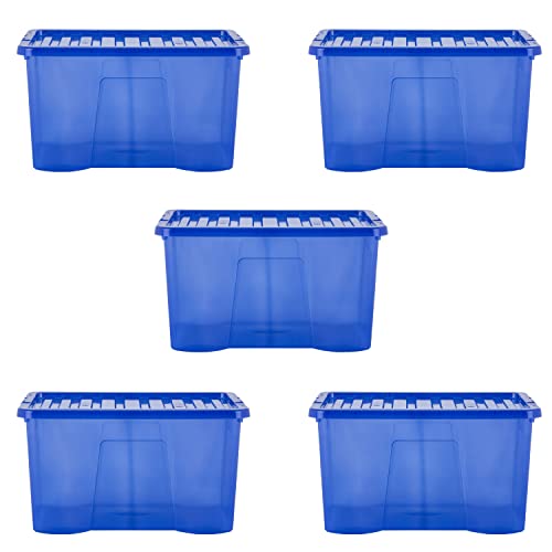 Wham Crystal 5 x 60L Stackable Plastic Storage Boxes with Lids | Ideal for Home, Office, Toys & More | Large Boxes | Made in UK - Spectrum Blue