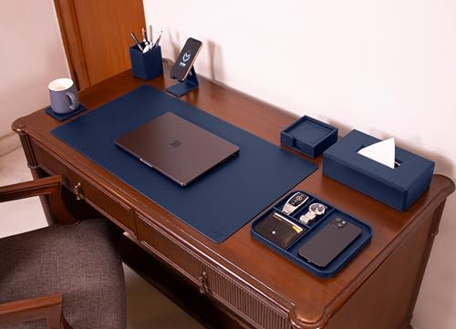 Image of V-CUBE Designs Premium Vegan Leather Executive Set of 6| Multipurpose Personal Desk Organizer| Desk Mat | Valet Tray| Tissue Holder | Pen Holder| Coaster | Mobile Stand for Office Table & Home - Blue