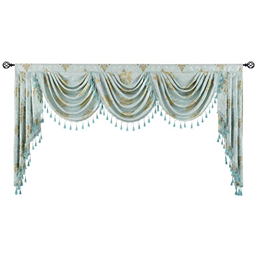 Jade Poke Jacquard Swag Waterfall Valance For Window - Tassels Valances For Living Room Aqua Valance With Beads For Bedroom Rod Pocket Damask Valance For Children's Room (1 Panel, Aqua, W89 Inch) #TOP3