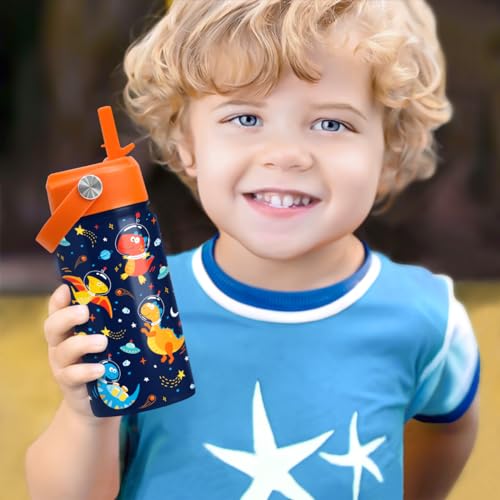Image of Kids Water Bottle with Straw Lid - 12 Oz Insulated Stainless Steel Dinosaur Water Bottles for Kid Boys - Travel Cup for School Sports