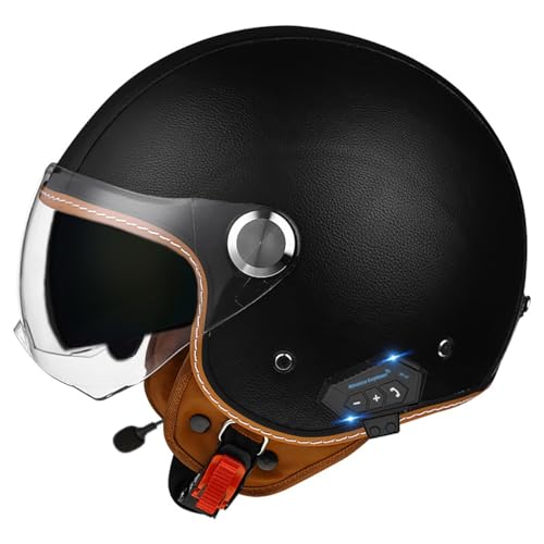 Casco Moto Vintage Retro Abierto, Casco Moto Jet Casco Vintage con Bluetooth Ciclomotor, Casco Scooter Doble Visera, Homologado ECE For Hombre Y Mujer(X,L=(59~60cm))