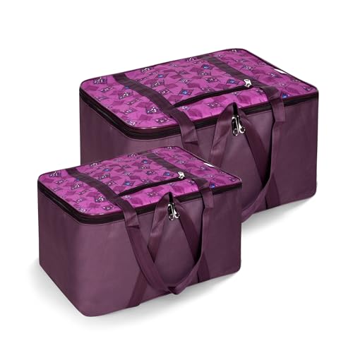Image of Kuber Industries Storage Bag | Clothes Storage Attachi Bag | Underbed Storage Bag | Zipper Storage Bag | Wardrobe Organizer with Handle | Travel Attachi Bag | Flower Check | S | L | Pack of 2 | Purple