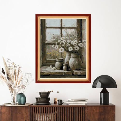 Image of MYBISYMQQ Windowsill Daisies Cross Stitch Kits for Adults Beginners - 11CT Stamped Vintage Floral Vase Embroidery Kit, DIY Pre-Printed Needlepoint Patterns for Home Wall Art Decor, 15.7x11.8 Inches