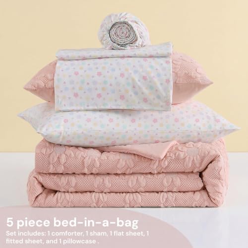 Image of Twin XL Comforter Set for Girls - 5 Pieces Pink Dasiy Bed in a Bag | Jacquard Floral Twin Bedding Sets, Soft Lightweight Cute Comforter with Printed Sheets, Pillowcase & Sham for All Seasons