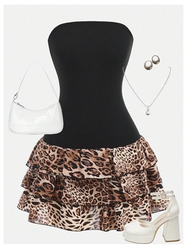 Verdusa Girl's Y2K Leopard Tiered Layered Ruffle Dress Strapless Backless Short Dresses3