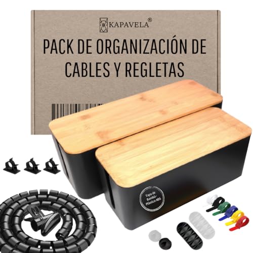 Kapavela - Pack 2 Cajas Organizadora de Cables de Madera, para esconder y Ocultar Cables TV - Recoge y Guarda Cables de Mesa y Escritorio.