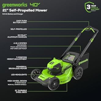 Greenworks 40V 21" Self-Propelled Cordless Lawn Mower – Brushless Motor, 5.0Ah Battery & Charger(75+ Tool Compatible)