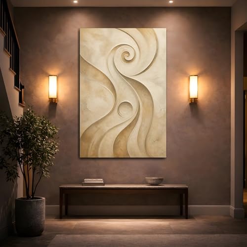 Tableau abstrait beige salon grand format vertical 50x75cm