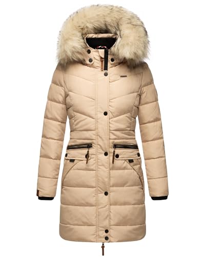 Navahoo Paula Women's Winter Coat, Warm, Quilted Coat, Long, with Removable Faux Fur Hood, XS - 5XL, beige, M