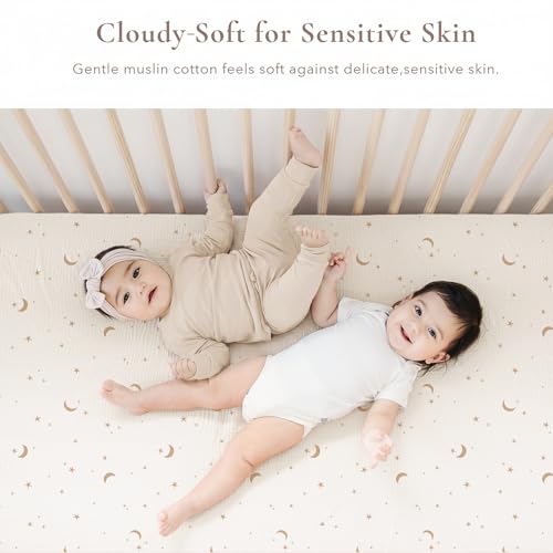 Image of Konssy Muslin Crib Sheets for Girl Boy, 2 PCS Soft and Breathable Cotton Baby Sheets for Standard Crib Mattress, 52 inchx 28 inch (Moon,Camel)