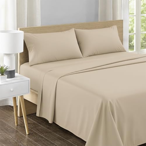 Image of Feather & Stitch 500 TC Split King Size Sheet Set, 5 Piece Bed Sheets Set-2 Twin Fitted Sheet, 1 King Flat Sheet & 2 King Pillowcases, 18 inch Deep Pockets Sateen Weave Solid Bedsheet - Champagne Beige